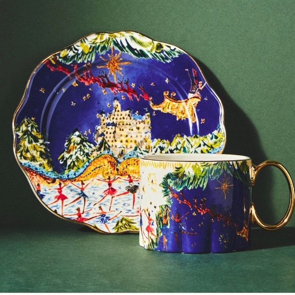 Anthropologie Pauline de Roussy de Sales Sleight Blue/ Gold Christmas Mug - Picture 3 of 13